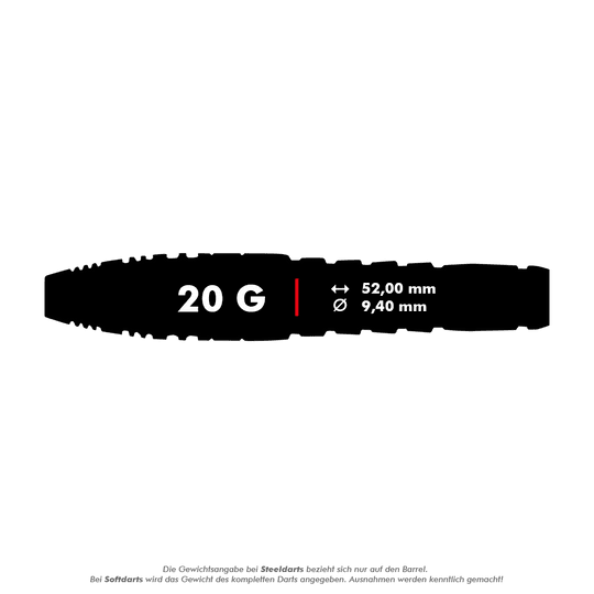 Fléchettes en acier Unicorn Top Brass V4 - 20 g Das Bild zeigt die Produktinformationen zu "Unicorn Top Brass V4 Steeldarts - 20g". Die Darts wiegen 20 Gramm, sind 52,00 mm lang und haben einen Durchmesser von 9,40 mm.