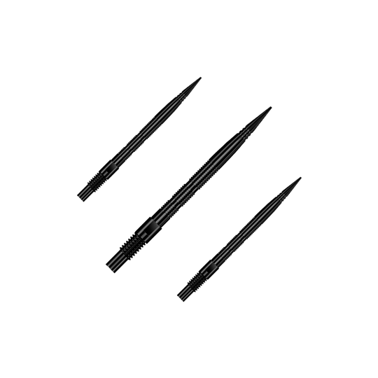 Pointes de fléchettes Harrows Quick Point Micro Ridge - Noires Das Bild zeigt ein Set aus schwarzen Dartspitzen mit Rillen. Dieses Zubehör wird für Dartpfeile verwendet.