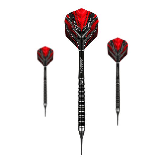 Fléchettes ultra souples Harrows Supergrip Das Bild zeigt drei Harrows Supergrip Ultra Softdarts mit roten Flights und schwarzem Schaft. Die Darts haben ein modernes, sportliches Design mit silbernen Ringen am Griff.