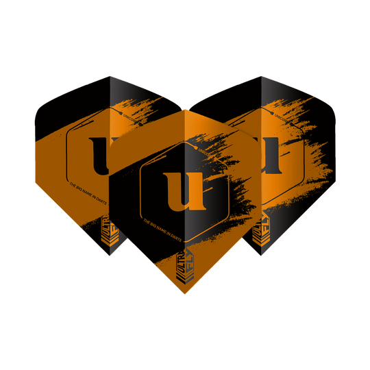 Vols Unicorn Ultrafly 100 Team Unicorn Big Wing - Orange Auf dem Bild sind drei Dartflights der Marke "Unicorn Ultrafly 100 Team Unicorn Big Wing" in Orange und Schwarz zu sehen. Die Flights haben ein auffälliges Design mit einem großen "u" in der Mitte.