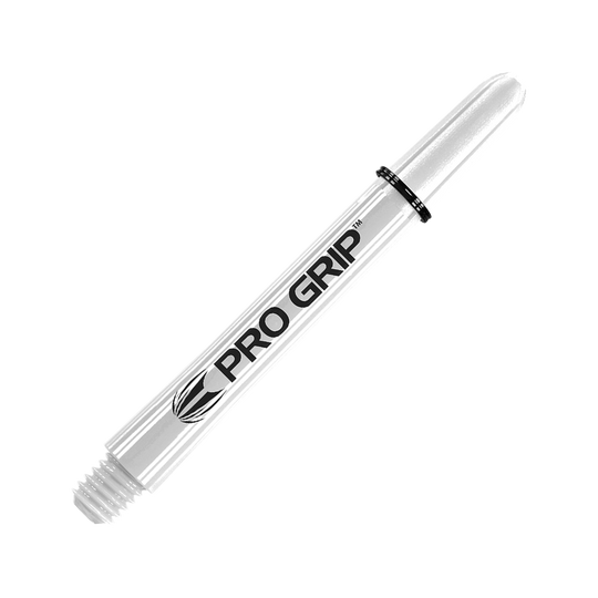 Tiges Target Pro Grip - 3 jeux - Blanc Dies ist ein weißer Pro Grip Dart-Schaft mit schwarzer Beschriftung. Er hat ein schlankes Design und ist mit einem Pro Grip Logo versehen.