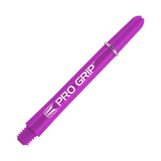 Tiges Target Pro Grip - 3 jeux - Violet Das Bild zeigt einen lilafarbenen Dart-Schaft mit der Aufschrift "Pro Grip". Der Schaft ist 48 mm lang und hat ein glänzendes, glattes Design.