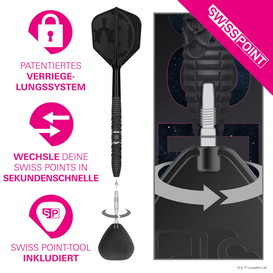 Fléchettes en acier Target Star Wars Darth Vader 95 Swiss Point Dieses Bild zeigt die Target Star Wars Darth Vader 95 Swiss Point Steeldarts. Die Darts sind im Star Wars Design mit Darth Vader-Motiv gestaltet.