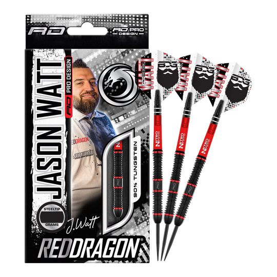 Fléchettes en acier Red Dragon Jason Watt - 22 g Das Bild zeigt das Produkt "Red Dragon Jason Watt Steeldarts - 22g" in seiner Verpackung. Rechts daneben sind drei Steeldarts mit schwarzem und rotem Design zu sehen.