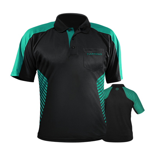 HRS-17577_Harrows_Vivid_Dartshirt_Black_Jade_0 Das Bild zeigt ein Harrows Vivid Dartshirt in Schwarz mit jadegrünen Akzenten. Auf der Vorderseite befindet sich eine Brusttasche mit dem aufgestickten „HARROWS“-Logo.