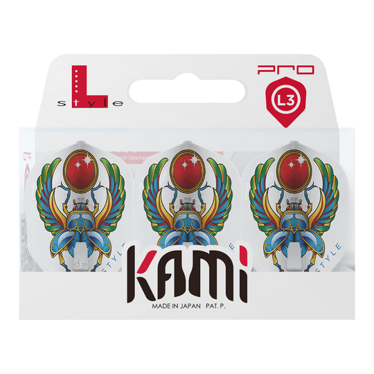 Vols L-Style Anastasia Dobromyslova V3 Blanc L3KAMI Das Bild zeigt eine Packung L-Style Anastasia Dobromyslova V3 White L3KAMI Flights. Die Flights sind weiß und mit einem bunten Skarabäus-Motiv bedruckt.