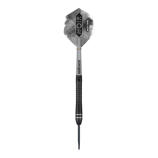 Gary Anderson, champion du monde de la licorne, fléchettes Steeldarts Noir Phase 6 Das Bild zeigt einen Steeldart der Marke Unicorn, Modell "World Champion Gary Anderson Noir Phase 6". Der Dart ist überwiegend schwarz und silber und trägt die Aufschrift "NOIR" auf dem Flight.