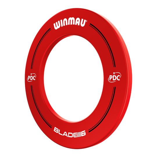 Cadre de fléchettes Winmau PDC - Rouge Das Bild zeigt einen roten Winmau PDC Dartboard Surround. Auf dem Ring stehen die Wörter "Winmau", "PDC" und "Blade 6".