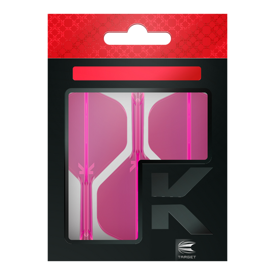 Das Bild zeigt eine Packung mit pinkfarbenen Dart-Flights der Marke Target. Die Verpackung ist überwiegend schwarz mit einem roten oberen Abschnitt.