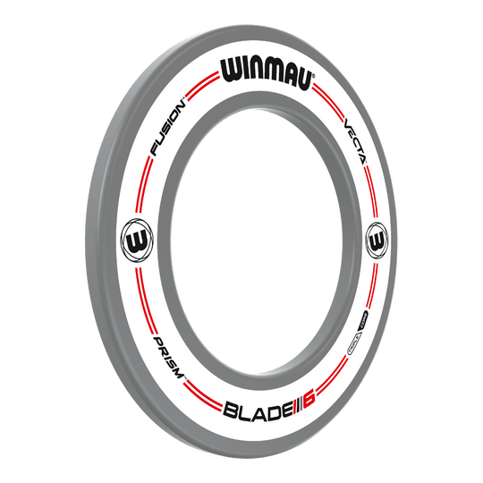 Das Bild zeigt den Winmau Pro-Line Original White Dartboard Surround. Der Dartboard-Surround ist rund, hauptsächlich weiß mit grauem Rand und roten Akzenten.