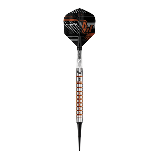 Fléchettes souples Harrow's Luke Woodhouse série 2 - 18 g Das Bild zeigt den Harrows Luke Woodhouse Series 2 Softdart mit einem Gewicht von 18g. Der Dartpfeil hat ein modernes, silber-orangenes Design mit schwarzen Akzenten.