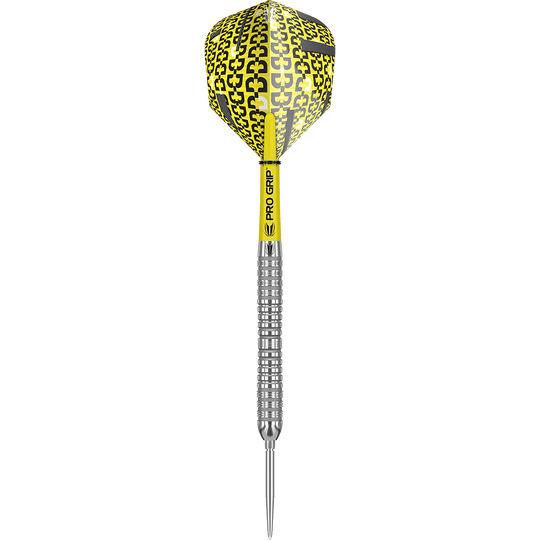 190060_Target_Bolide_04_Swiss_Point_Steeldarts_1LCLvBZnjl5NJI Das Bild zeigt einen Target Bolide 04 Swiss Point Steeldart. Der Dart hat einen gelb-schwarzen Flight und einen silbernen, geriffelten Schaft.