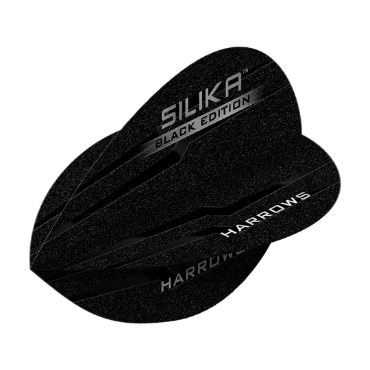 Volets de poires Harrow's Silica Black Edition Das Bild zeigt die "Harrows Silika Black-Edition Pear Flights" in schwarzem Design. Die Flugblätter sind mit silbernen Schriftzügen verziert.
