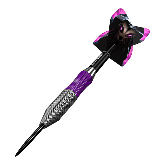 Fléchettes Mission Phantom en laiton et acier - 22 g Dies ist ein Mission Phantom Brass Steeldart mit einem Gewicht von 22 Gramm. Der Dart hat ein metallisches Griffstück mit lila Akzenten und einen auffälligen Flight mit einem schwarzen und lila Design.