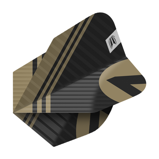 337220_Target_ProUltra_3Sets_Chicane_Black_No6_Flights_2 Das Bild zeigt ein Dartflight in Schwarz und Gold mit einem modernen Streifendesign. Es gehört zum Produkt "Target Pro Ultra Chicane Black No6 Flights - 3 Sets".