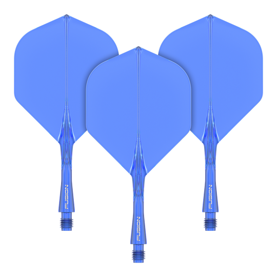 Système d'arbre de vol Winmau Fusion Standard Bleu Das Bild zeigt drei blaue Dart-Flights mit Schäften des Winmau Fusion Flight Shaft Systems. Sie sind in einer Reihe angeordnet und jeder Schaft ist 22 mm lang.