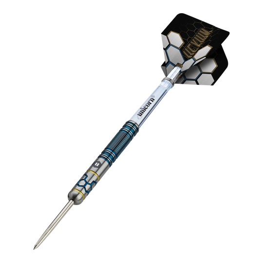 Fléchettes en acier Unicorn Hexium Style 02 bleues et dorées Das Foto zeigt die Unicorn Hexium Style 02 Blue & Gold Steeldarts. Es handelt sich um hochwertige Steeldarts in Blau und Gold.