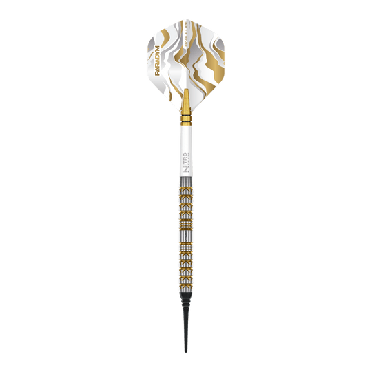 Fléchettes souples Red Dragon Paradym Gold Parallel - 20 g Das Bild zeigt die Red Dragon Paradym Gold Parallel Softdarts mit einem Gewicht von 20g. Die Darts sind goldfarben und haben ein modernes Design.