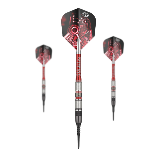 Fléchettes souples DW Piranha Razor 02 Das Bild zeigt drei Softdarts des Produkts „DW Piranha Razor 02“. Die Darts haben ein schwarzes und rotes Design mit metallischen Elementen.
