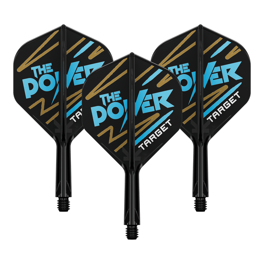 Système de flèche standard Target K-Flex Phil Taylor n° 2 Auf dem Bild sind drei Dartflights mit schwarzem Hintergrund zu sehen. Auf den Flights steht in blauer und weißer Schrift "THE POWER" und unten "TARGET".