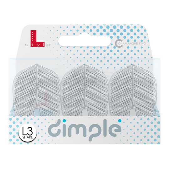 Vols de style L Dimple Champagne Forme L3PRO Das Bild zeigt eine Verpackung mit drei L-Style Flights Dimple im L3PRO Shape. Die Verpackung ist weiß mit blauen Punkten und trägt den Schriftzug "dimple".