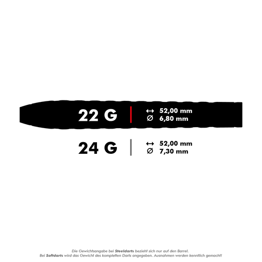 Fléchettes en acier Target Rove 03 Swiss Point Das Bild zeigt die Spezifikationen für Steeldarts mit 22 g und 24 g Gewicht. Beide Darts sind 52,00 mm lang, aber der Durchmesser beträgt 6,80 mm bei 22 g und 7,30 mm bei 24 g.