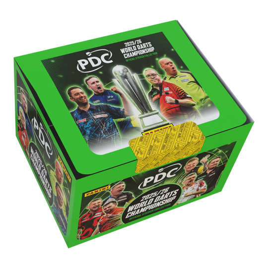 Zu sehen ist die Panini PDC World Darts Championship 2025/26 Stickerbox mit 65 Tüten. Die Stickerbox enthält viele Tüten zum Tauschen und Kleben.
