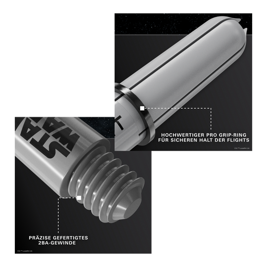 Poignées Target Star Wars ProGrip - Grises Gezeigt wird das Produkt Target Star Wars ProGrip Shafts - Grau. Die robusten Dartschäfte sind in Grau gehalten.