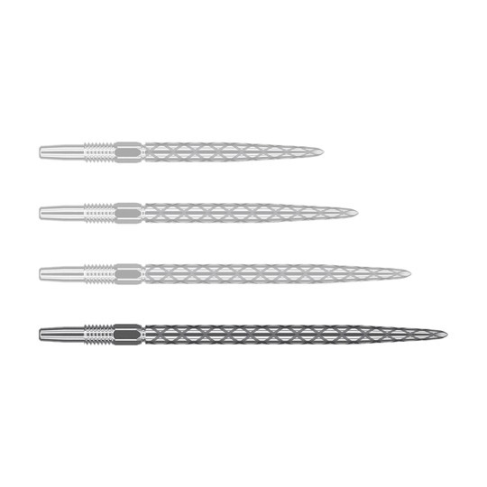Pointes de fléchettes Target Swiss Diamond Pro Silver Points Auf dem Bild sind vier silberne Dartspitzen mit einem rautenförmigen Muster zu sehen. Sie liegen waagerecht und sind gleichmäßig angeordnet.