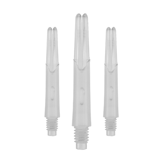 Arbres en L de style L verrouillés droits - Transparent Auf dem Bild sind drei transparente, gerade Dartschäfte aus Kunststoff zu sehen. Sie haben ein Gewinde am unteren Ende und sind ohne Kappen abgebildet.