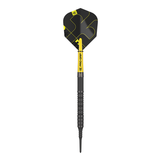 Target Bolide Void 10 fléchettes souples Das Bild zeigt einen Target Bolide Void 10 Softdartpfeil. Der Pfeil ist schwarz mit gelben Akzenten und hat einen Pro Grip Schaft.
