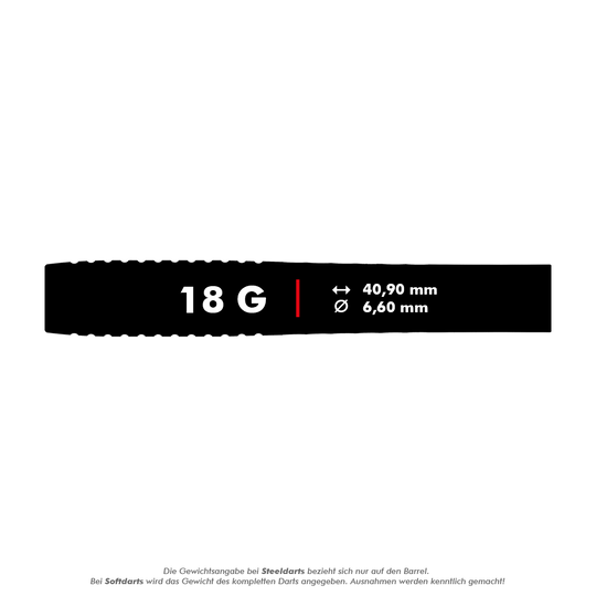 Fléchettes souples Target Stephen Bunting GEN5 - 18 g Das Bild zeigt die Produktdetails der "Target Stephen Bunting GEN5 Softdarts - 18g". Die Darts wiegen 18 Gramm, sind 40,90 mm lang und haben einen Durchmesser von 6,60 mm.