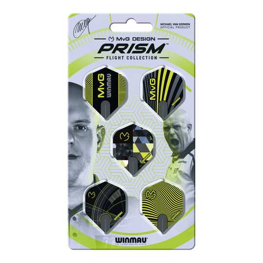 Winmau Michael Van Gerwen Prism No2 Collection de vols standard Hier ist die Winmau Michael Van Gerwen Prism No2 Standard Flight Collection zu sehen. Die Sammlung bietet verschiedene Dart Flights.