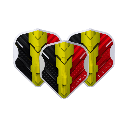 Vols L-Style V-Series V1 Type C Belgique Blanc Transparent L1EZ Das Bild zeigt drei Dart-Flights des Modells "L-Style V-Series V1 Type C Belgium Clear White L1EZ Flights". Die Flights sind in den Farben Schwarz, Gelb und Rot gestaltet und zeigen ein modernes Design.