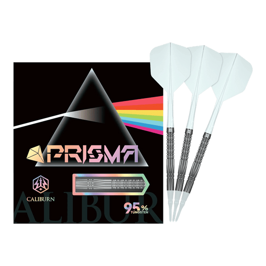 Hier sieht man die Caliburn Prisma P2 Softdarts mit einem Gewicht von 20g. Sie sind ideal für alle, die Wert auf hochwertige Darts legen.