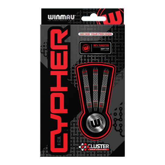 Fléchettes souples Winmau Cypher - 20 g Die Abbildung zeigt die Verpackung der Winmau Cypher Softdarts mit 20 Gramm Gewicht. Die Darts bestehen zu 90% aus Wolfram und verfügen über spezielle Griffkontrolle.