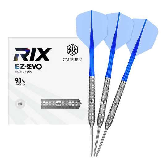 Das Foto zeigt die Caliburn Rix EZ-EVO R4 Steeldarts in voller Ansicht. Die Darts sind modern gestaltet und für professionelle Spieler geeignet.