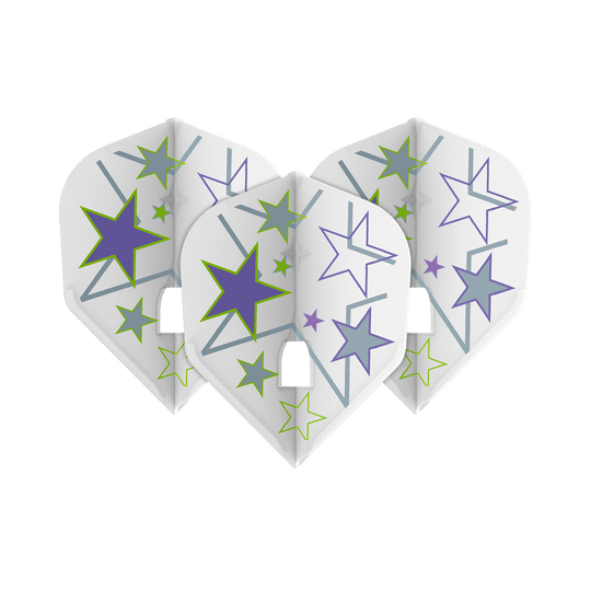 Das Bild zeigt drei weiße Dart-Flights mit bunten Sternen in Lila, Grün und Grau. Die Flights sind das Modell "L-Style Ryan Murray V1 White L3PRO".