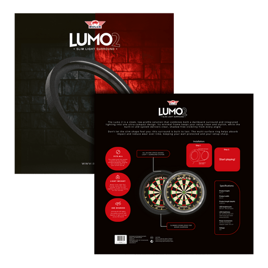 Das Bild zeigt das Produkt "Bulls NL Lumo 2 Light Surround Beleuchtungssystem" für Dartscheiben. Es kombiniert ein schlankes, rundes LED-Lichtsystem mit einem schützenden Surround für bessere Sicht und Schutz beim Dartspielen.