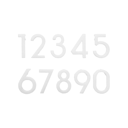 Numéros de remplacement pour cible McDart Das Bild zeigt weiße Ersatznummern von 0 bis 9 für eine Dartscheibe. Die Zahlen sind nebeneinander in zwei Reihen angeordnet.