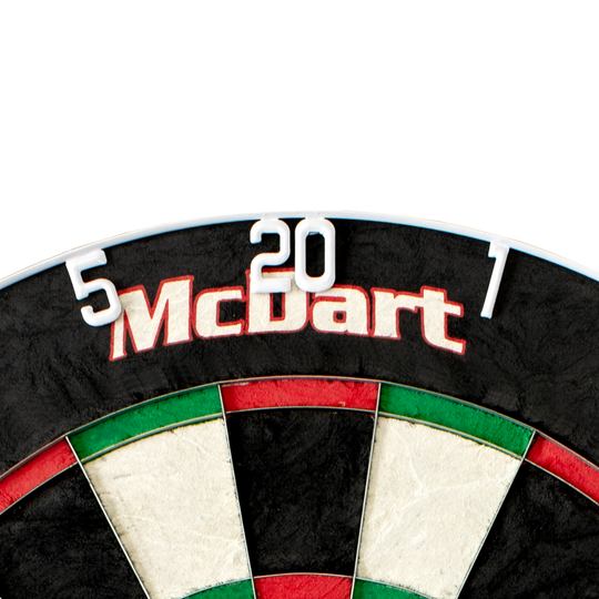 65008_McDart_Scopus_Master_HD-Zahlenring_3 Das Bild zeigt einen Ausschnitt eines Dartboards mit dem Produktnamen "McDart Master HD-Zahlenring / Nummernring" gut sichtbar. Die Zahlenringe 5, 20 und 1 sind oben am Dartboard angebracht.