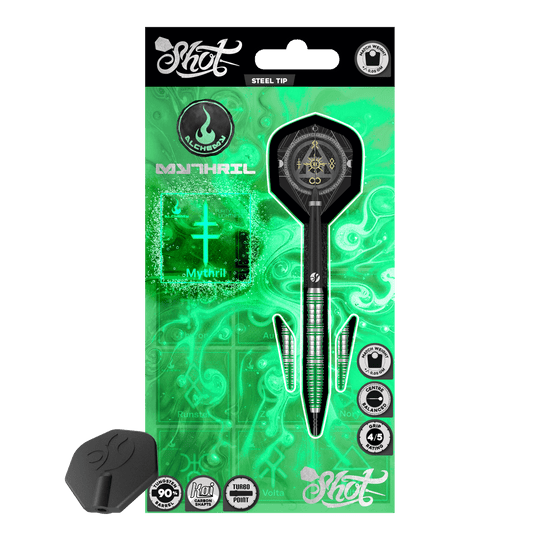 Shot Alchemy Mythril Turbo Point Steeldarts Das Bild zeigt ein Set Shot Alchemy Mythril TurboPoints Steeldarts. Die Darts haben eine strukturierte Oberfläche.