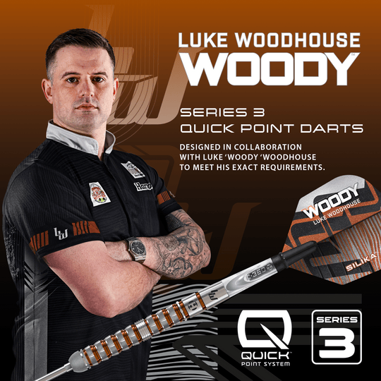 Fléchettes en acier à pointe rapide Luke Woodhouse série 3 de Harrow Auf dem Bild befindet sich Harrows Luke Woodhouse Series 3 Quick Point Steeldarts. Es handelt sich um eine hochwertige Steeldart-Serie.