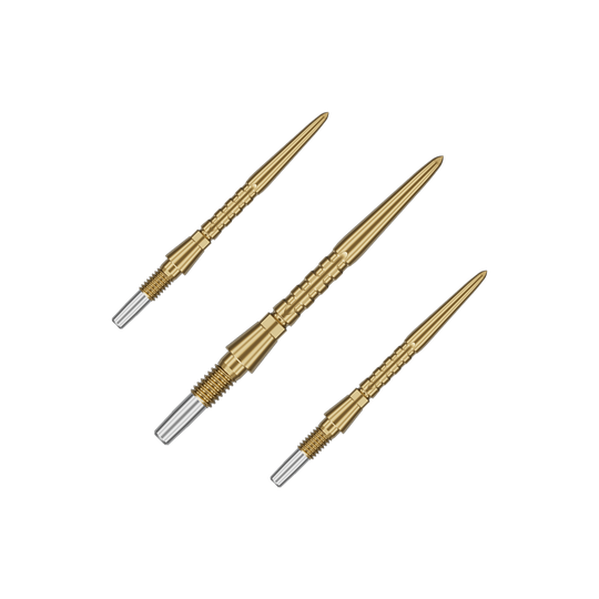 Pointes de fléchettes en acier Target Swiss Point Storm Surge - or Auf dem Bild sind drei goldene Steeldartspitzen zu sehen. Sie haben ein schlankes, geriffeltes Design mit einem silbernen Schraubgewinde am Ende.