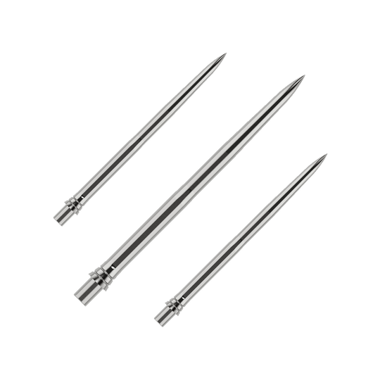 Pointes de fléchettes Caliburn EVO - Lisses - Argent Auf dem Bild sind silberne Dartspitzen in einem Set zu sehen, jeweils 32mm lang. Die Oberfläche der Spitzen ist glatt und sie werden zusammen präsentiert.