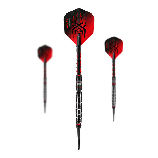 Fléchettes souples Harrows Atrax Das Bild zeigt drei Softdarts mit schwarzem und rotem Design. Auf den Flights ist ein Spinnenmotiv sowie der Schriftzug "ATRAX HARROWS" zu sehen.