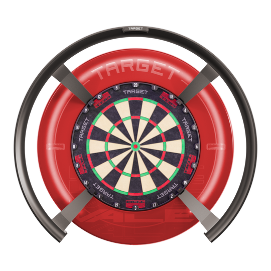 Système de notation automatique Target OMNI Das Bild zeigt das Produkt "Target OMNI Auto-Scoring-System", ein innovatives elektronisches System für Dartspiele. Es besteht aus einem Dartboard mit einem kreisförmigen automatischen Punktesystem und einer markanten roten Umrandung.
