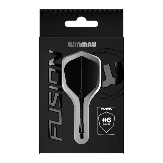 Système d'arbre de vol Winmau Fusion No6 Noir Das Bild zeigt eine Verpackung des Winmau Fusion Flight Shaft Systems in Schwarz. Auf der Verpackung steht, dass es sich um die Form Nummer 6 handelt.