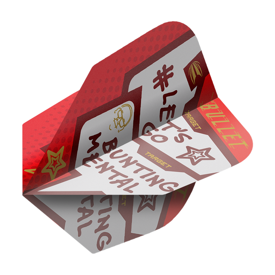 Ailettes Target Pro Ultra Stephen Bunting Mental No6 - 3 jeux Das Bild zeigt ein Set von Target Pro Ultra Stephen Bunting Mental No6 Flights für Dartpfeile. Die Flights sind rot-weiß gestaltet und mit motivierenden Sprüchen und Sternen verziert.