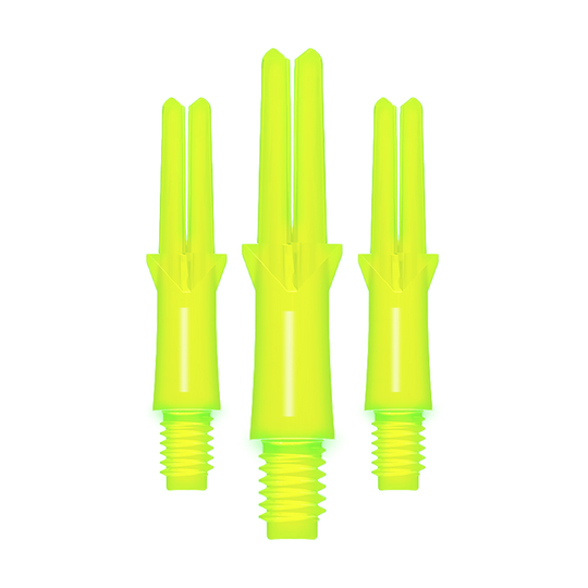 Arbres en L verrouillés droits - Jaune fluo Das Bild zeigt drei neon-gelbe, gerade Dart-Schäfte mit Gewinde. Sie sind unterschiedlich lang und stehen nebeneinander aufrecht.